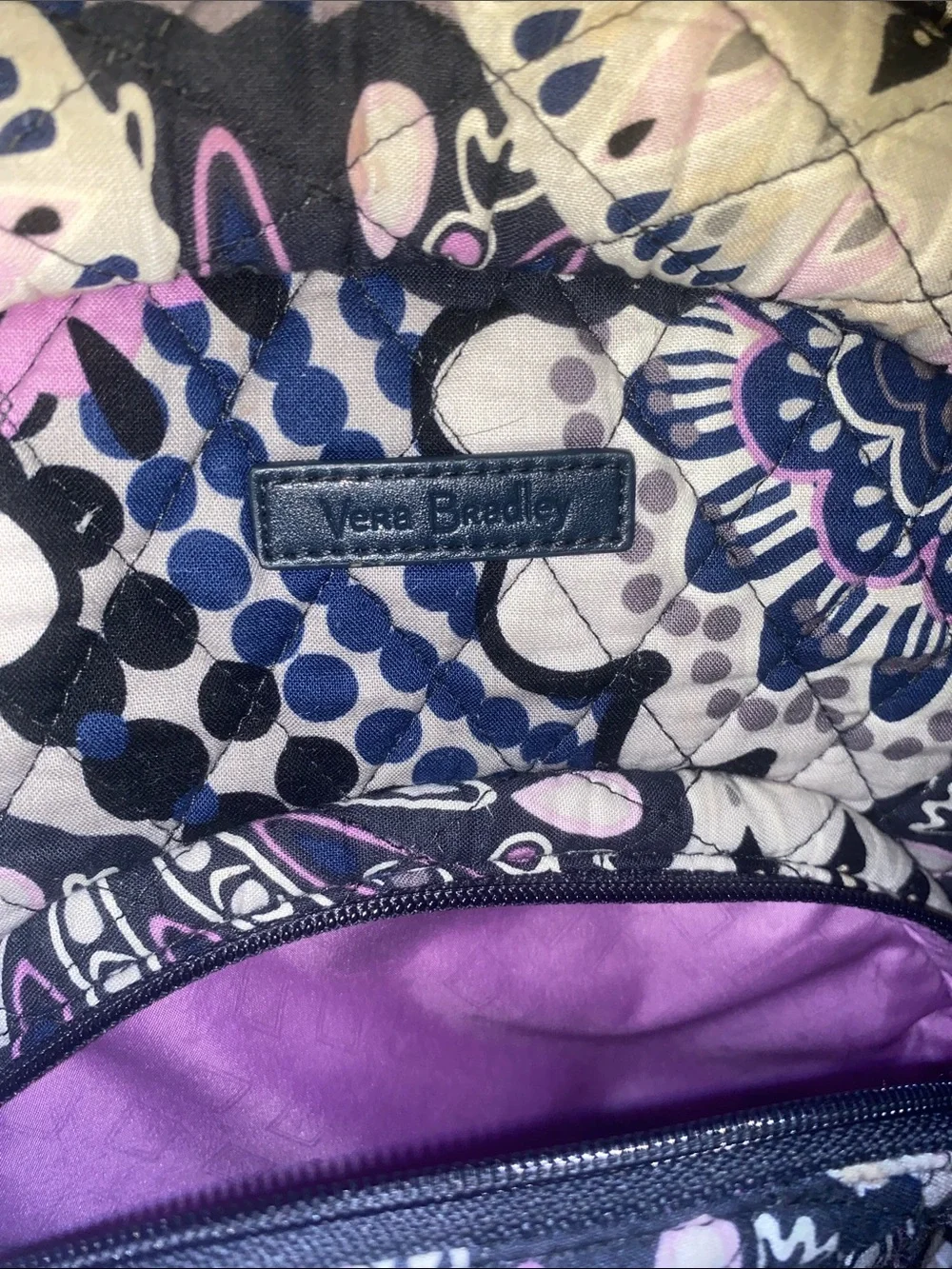 Vera Bradley Quilted Mini Backpack in Navy, Purple & Pink Pattern
